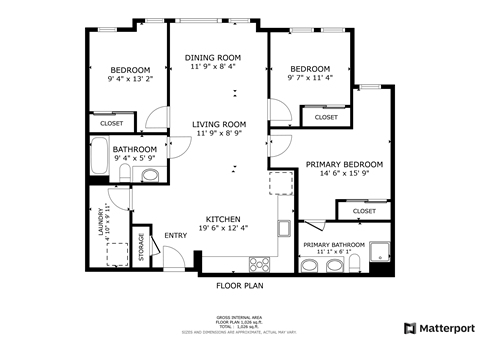 Floor plan for 3 beds, 2 baths, 1021 sqft